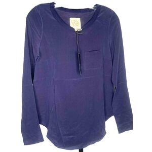 Chasor navy blouse size XS 100%Crepe De Chine‎ Silk long sleeve flowy minimalist